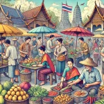 Dall·e 2024 10 30 18.42.48 A Lively Illustration Of People Working In A Traditional Thai Market. The Scene Includes Vendors Selling Fresh Fruits, Vegetables, And Street Food Fro 1280 720